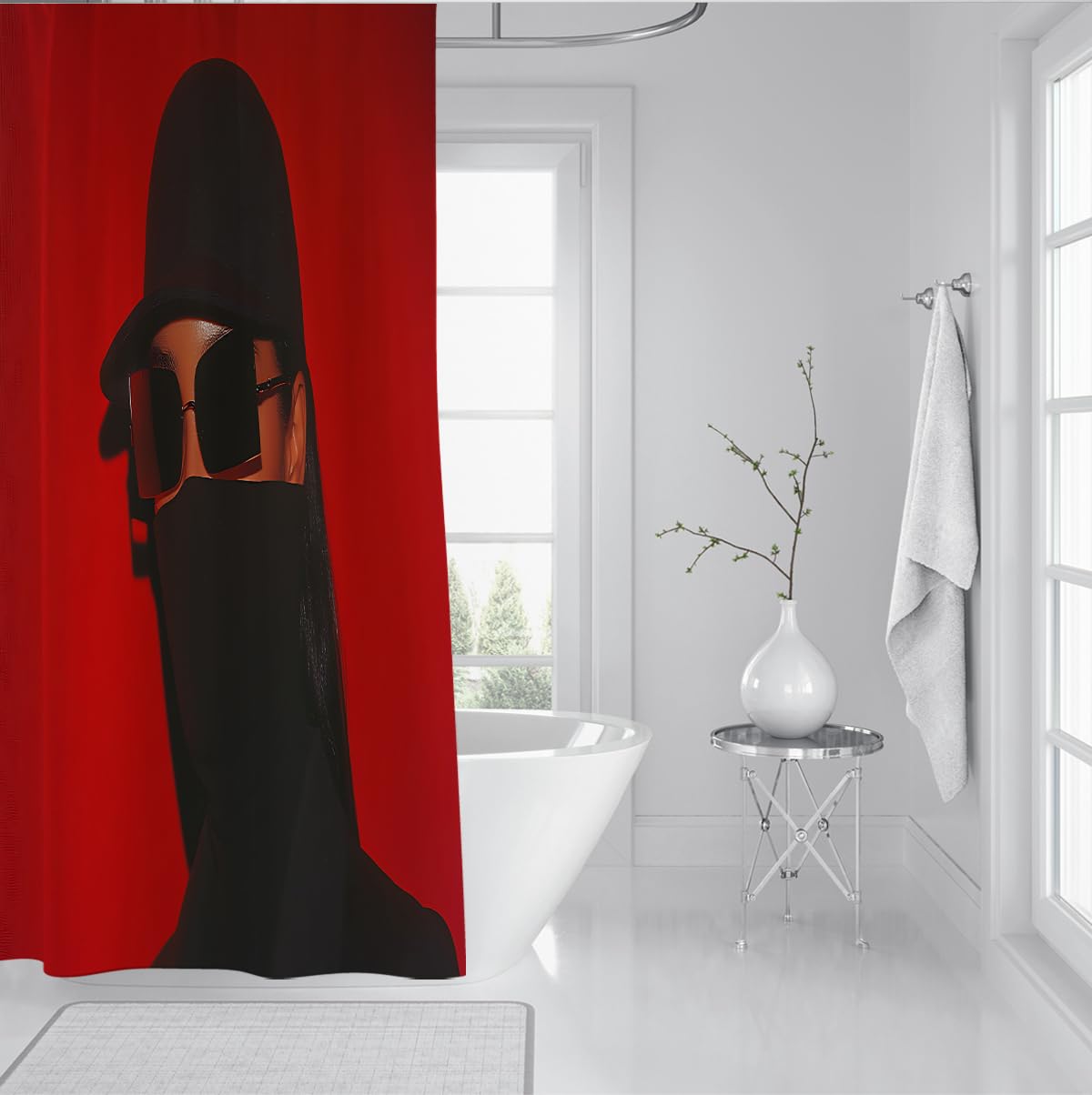 Schwarze Kapuzen-Silhouette Duschvorhang Futuristische Mode Kunst Badevorhänge Minimalistisches Gesichtsdesign Badewannenvorhang Extra Langer Stoff 200 x 200 cm