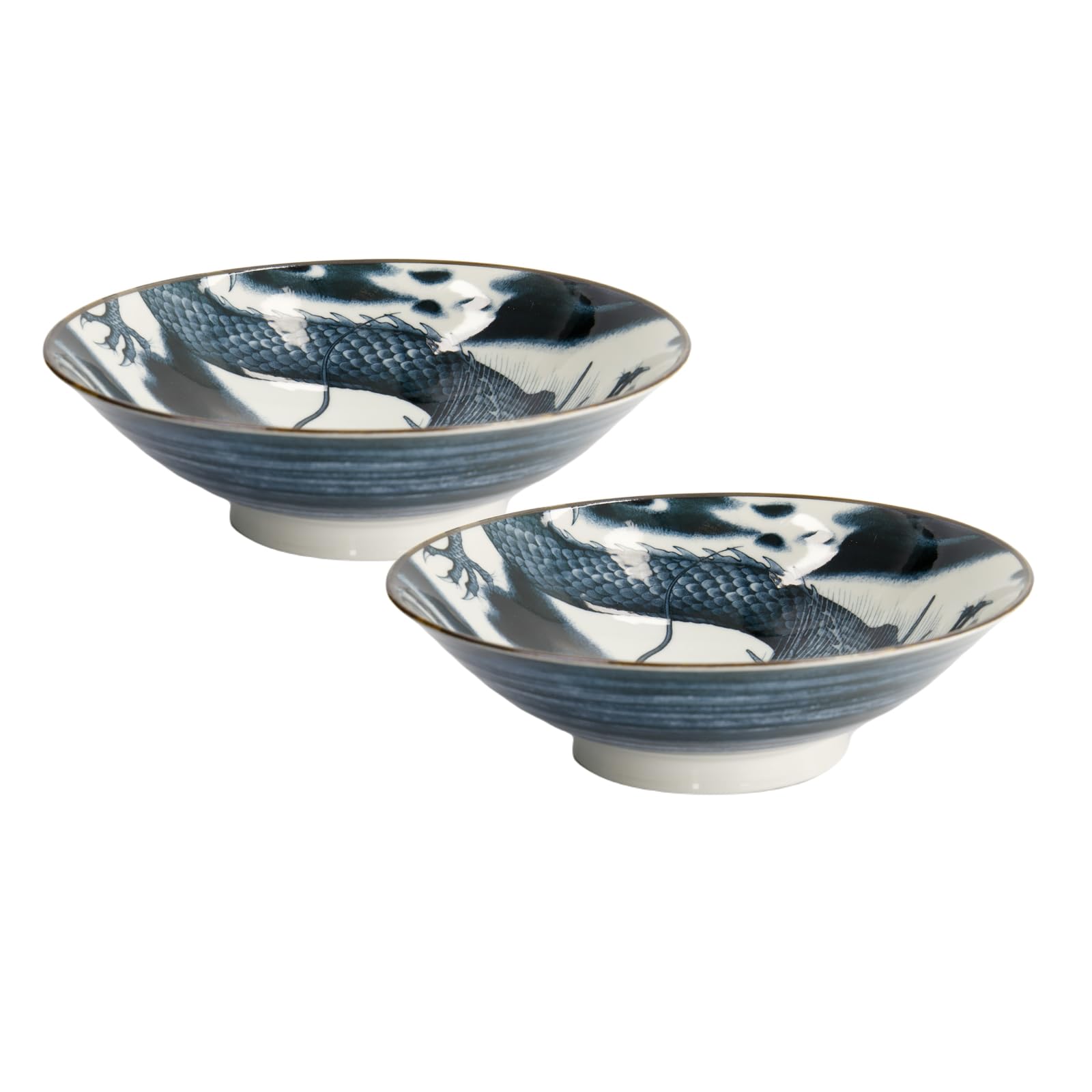 TOKYO Japonism Drachen-Schalen 2er Set, große Suppen- & Ramen-Schalen, dunkelgrau-weißes Porzellan, Ø 25,2 cm, 1600 ml, japanisches Design, Servierschalen für Nudeln & Salate