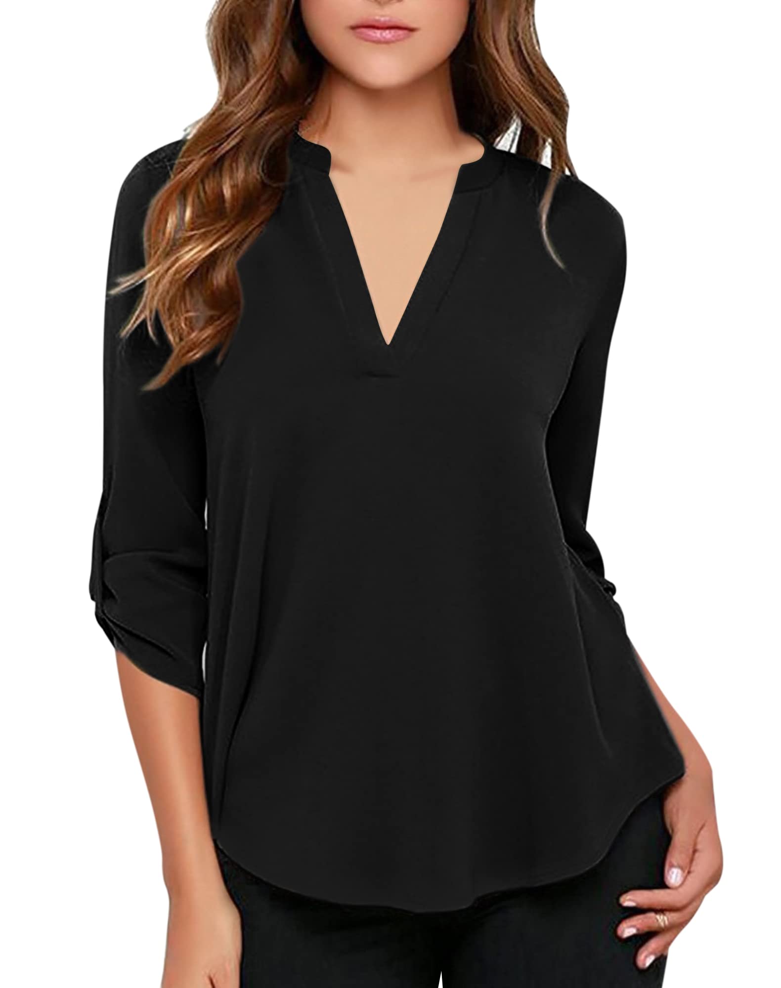 roswearWomen's Business Casual V Neck Cuffed Sleeves Work Blouse Top