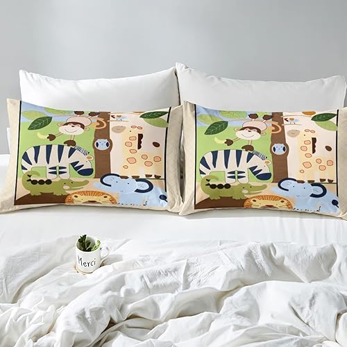 Miniatura 4 de Funda de edredón de animales del zoológico de dibujos animados para niños pequeños, lindo león, mono, elefante, juego de ropa de cama para