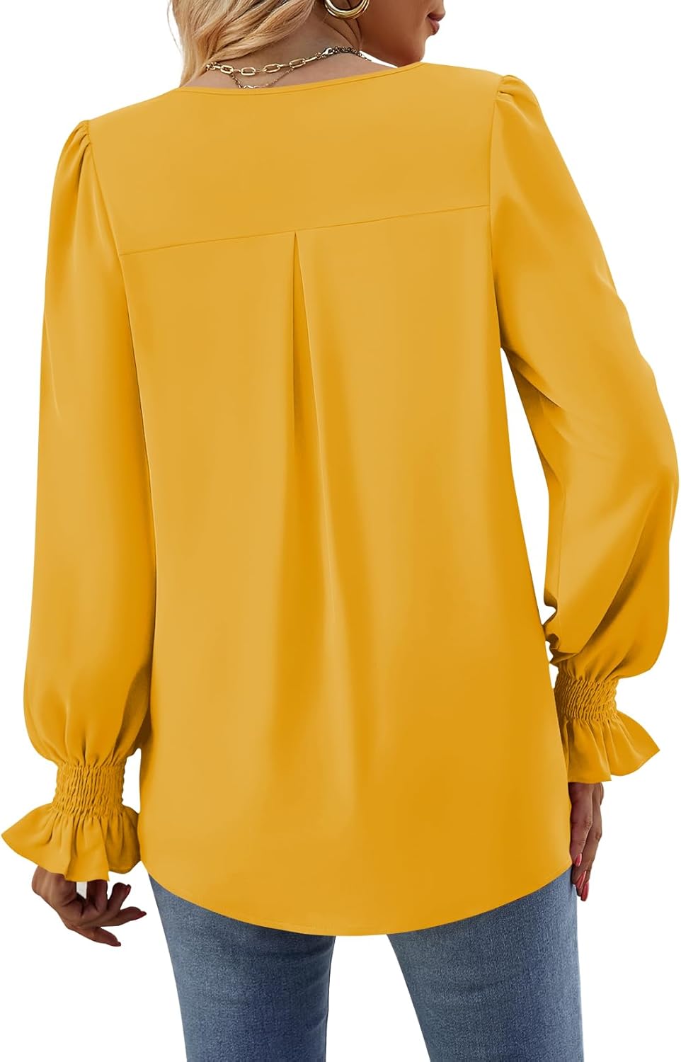 Funlingo Women's 2025 Long Sleeve Tops Dressy Casual V Neck Tunic Shirts Loose Chiffon Work Blouse - Image 3