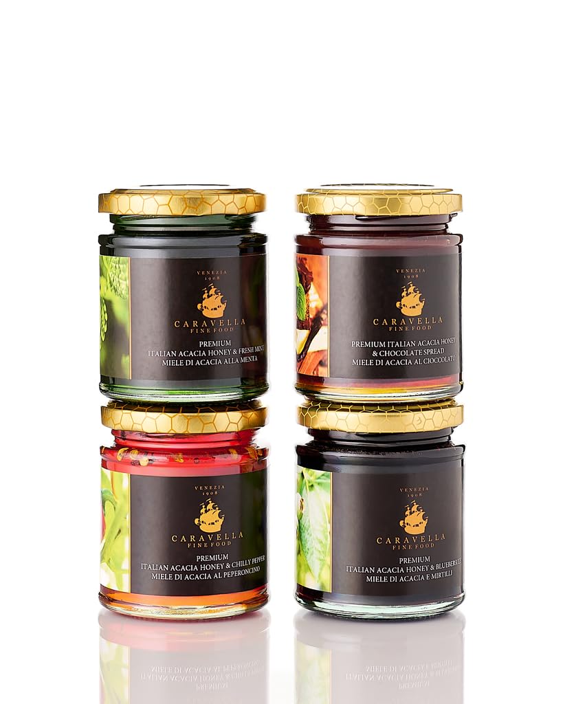 Caravella Fine Food - Set de degustación/Set de regalo x 4 - Miel de Acacia con Chile 250 gr Miel de Acacia con Menta 250 gr Miel de acacia con Arándanos 250 gr Miel de Acacia con Chocolate 250 gr