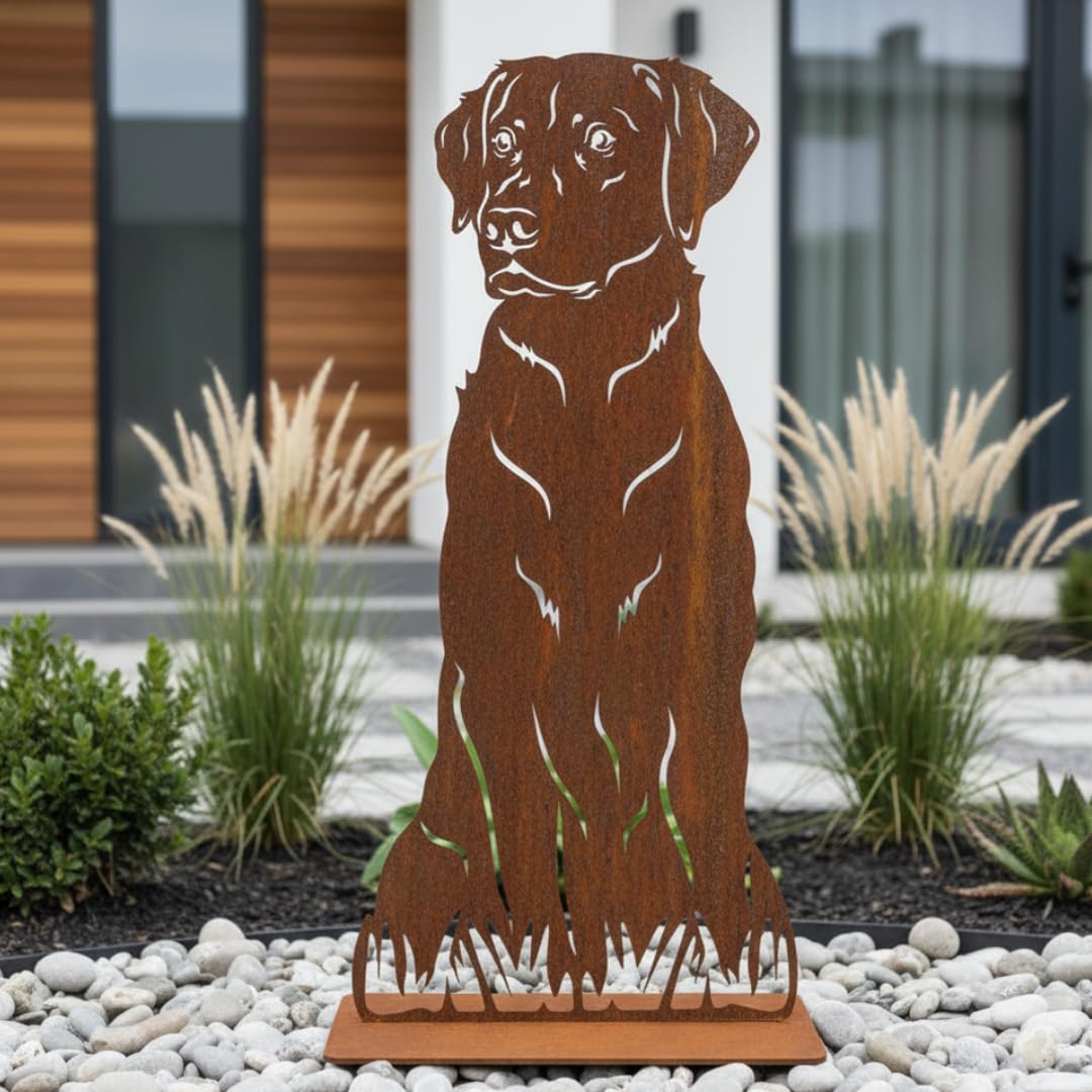 Terma Stahldesign Edelrost Hund Labrador lebensgroß Metall Gartenfigur Handmade Germany wetterfest Gartendeko Tierfigur Rostfigur Geschenk Grabdeko