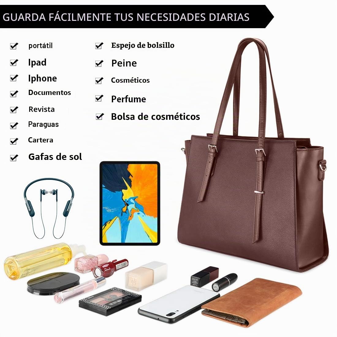 NEWHEY Bolso Universidad Mujer para Portatil 15.6 Pulgadas Grande Impermeable Bolsa Shopper Cuero PU Negro