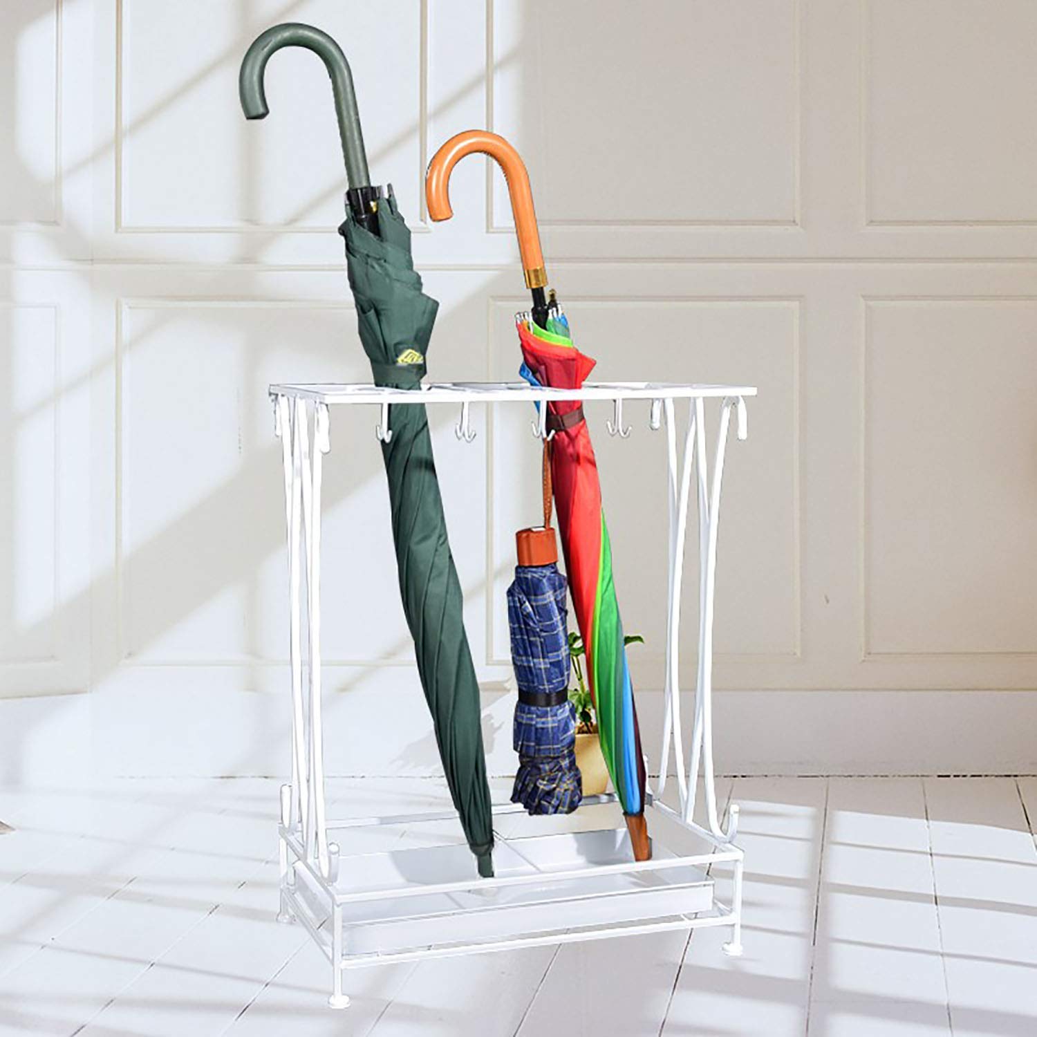 Porte-parapluie grand format avec bac amovible et crochets pour rangement de couloir