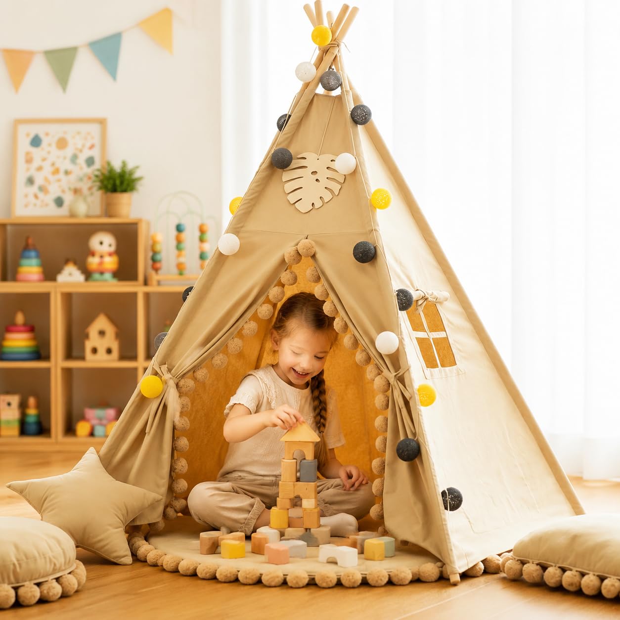 Tipi Zelt für Kinder – Stilvolles Kinderzelt Indoor aus Baumwoll-Canvas mit Bodenmatte – Gemütliches Spielzelt für Kinderzimmer