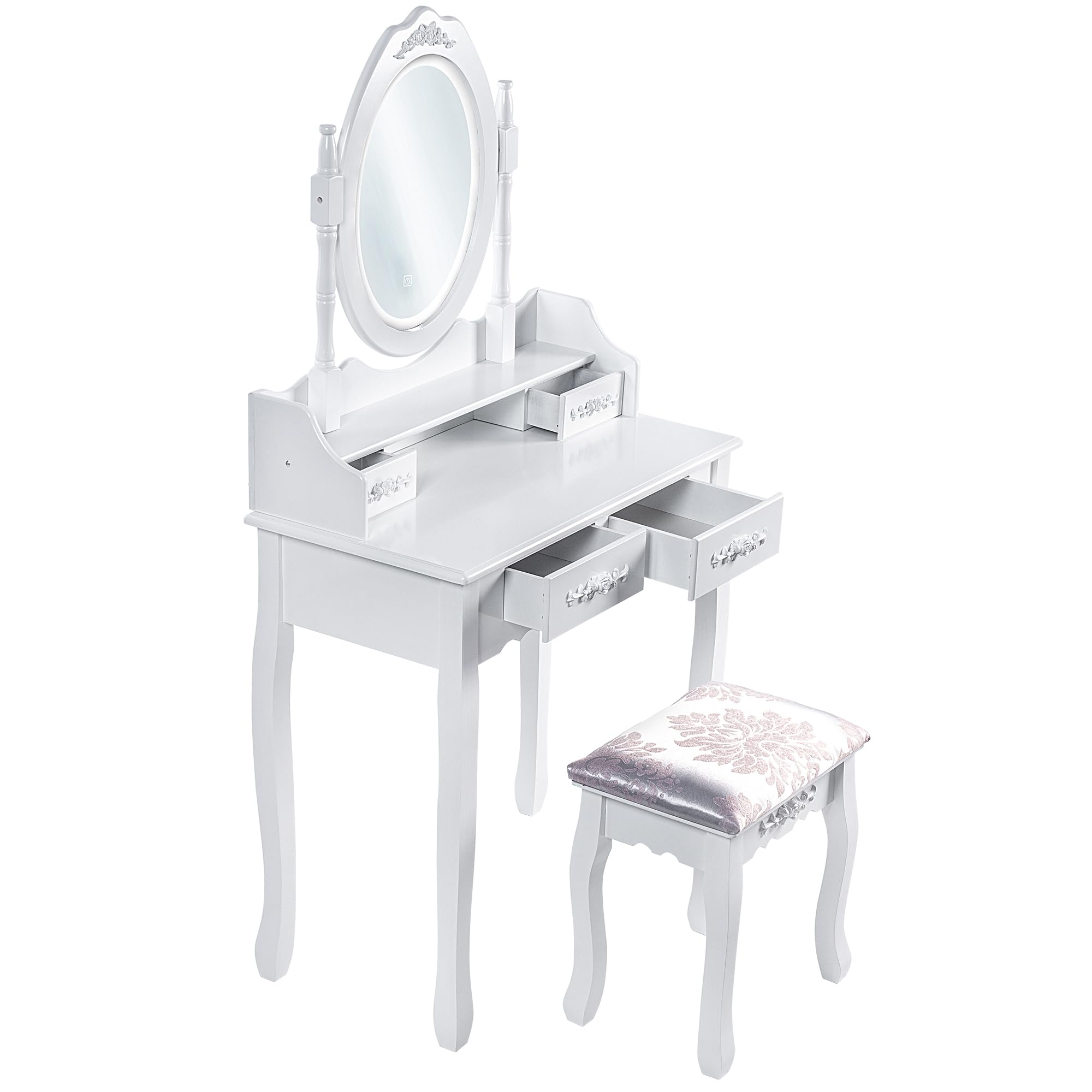 KADAX Schminktisch mit Spiegel, Schublade und Schemel, 75 x 40 x 147 cm, Frisiertisch, Frisierkommode, Kosmetiktisch für Schlafzimmer, Garderobe (Weiß)
