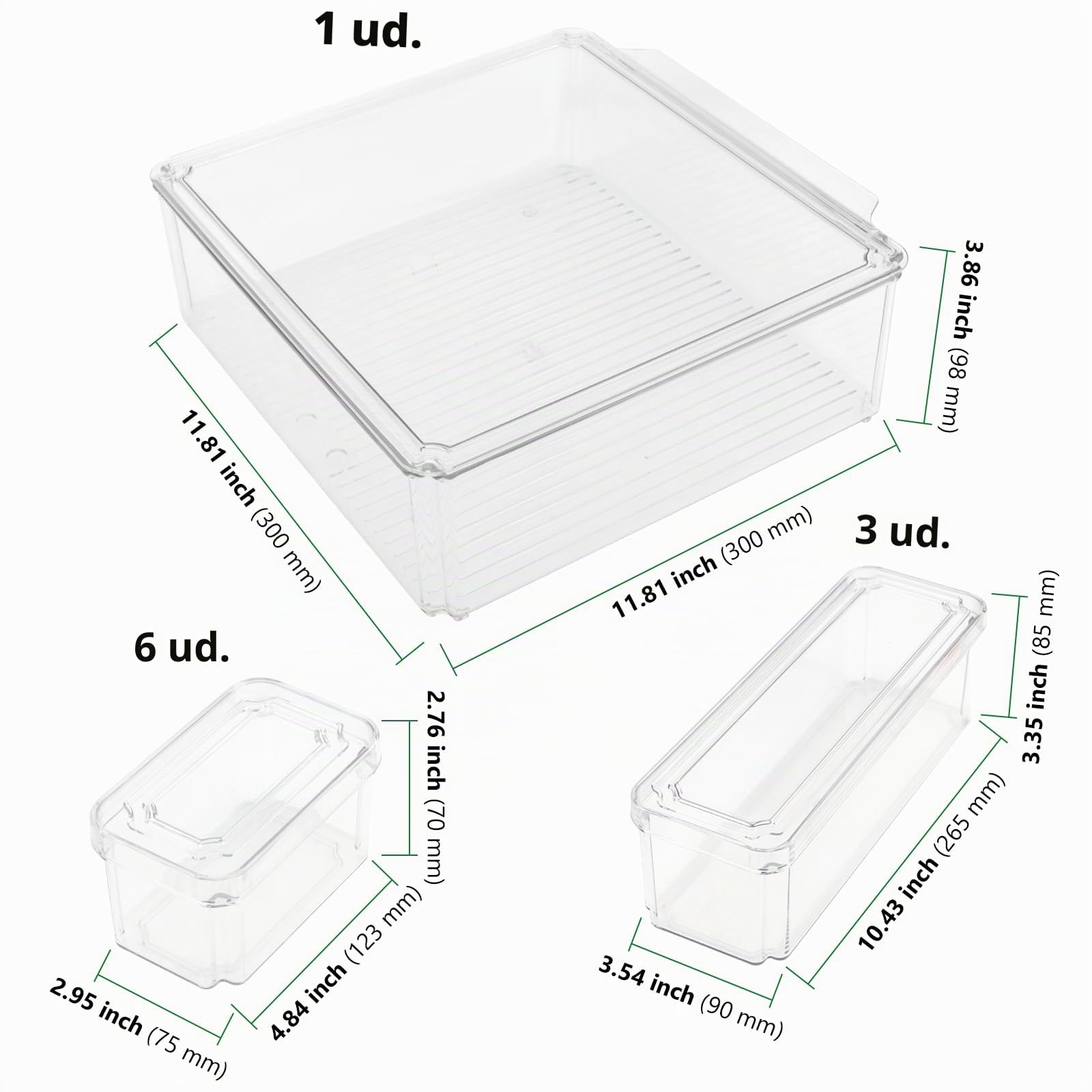 HAKZEON Paquete de 10 contenedores de almacenamiento transparentes para nevera con tapas, cajas de almacenamiento apilables para nevera con orificios de drenaje, organizadores de plástico para congela