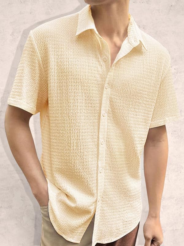 Image of Pinkmint Popcorn Shirt for Men Soild Slim Fit Sleeve Spread Collar Trendy Men Shirt Summer Wear Goa Wear Olive