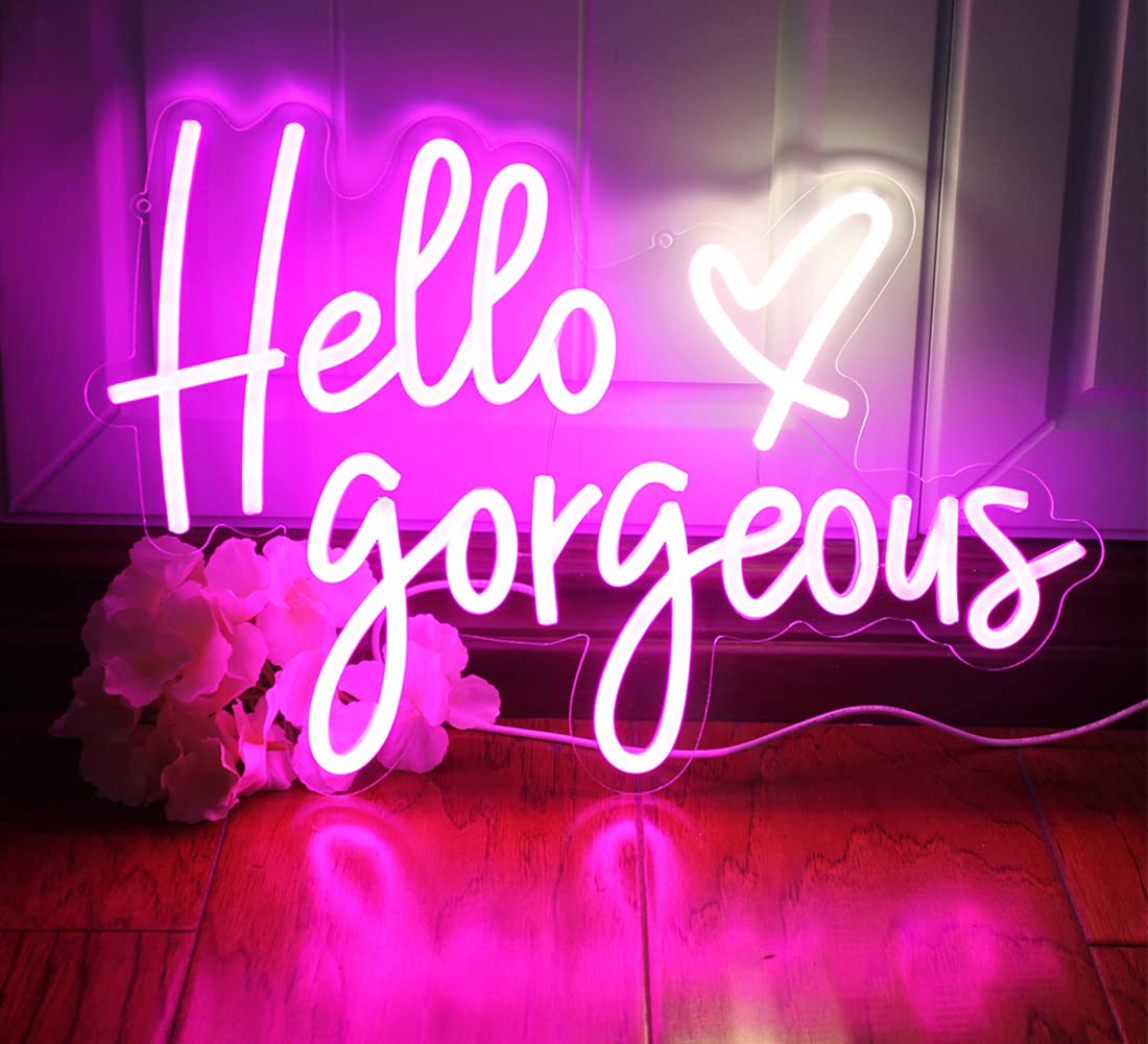 DAKABUKA Hello Gorgeous Neon Signs Pink LED Light Hello Beautiful Wall Art Gift for Home Decoration Wedding Birthday Backdrop Bacelorette Party Wth Dimmable Switch(5V,16.5X11inches)