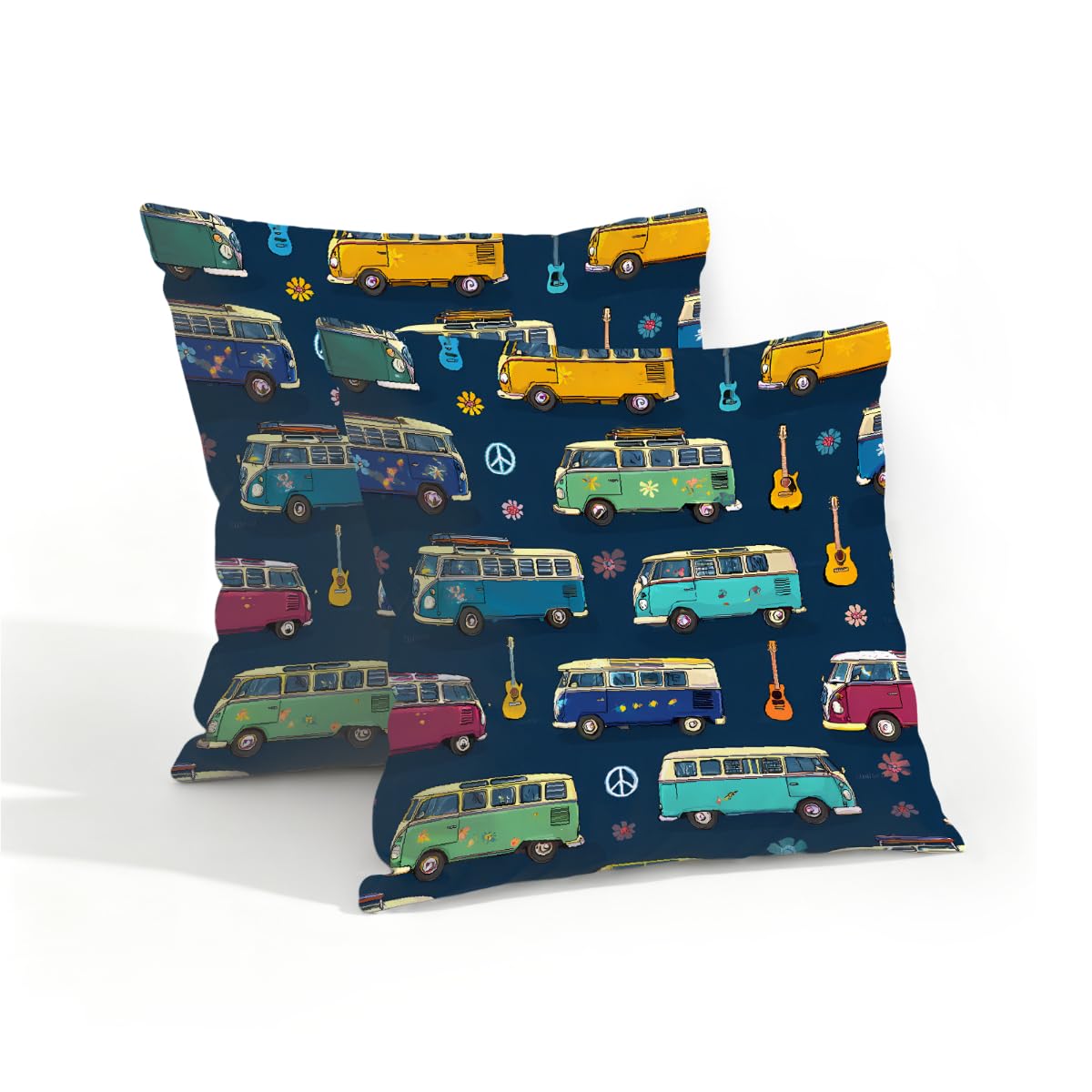 Outdoor Pillow Covers Waterproof Pillowcases 16x16in Set of 2 Cartoon Buses On Dark Blue Decorative Throw Cushion Case for Couch Sofa Garden Patio Furniture