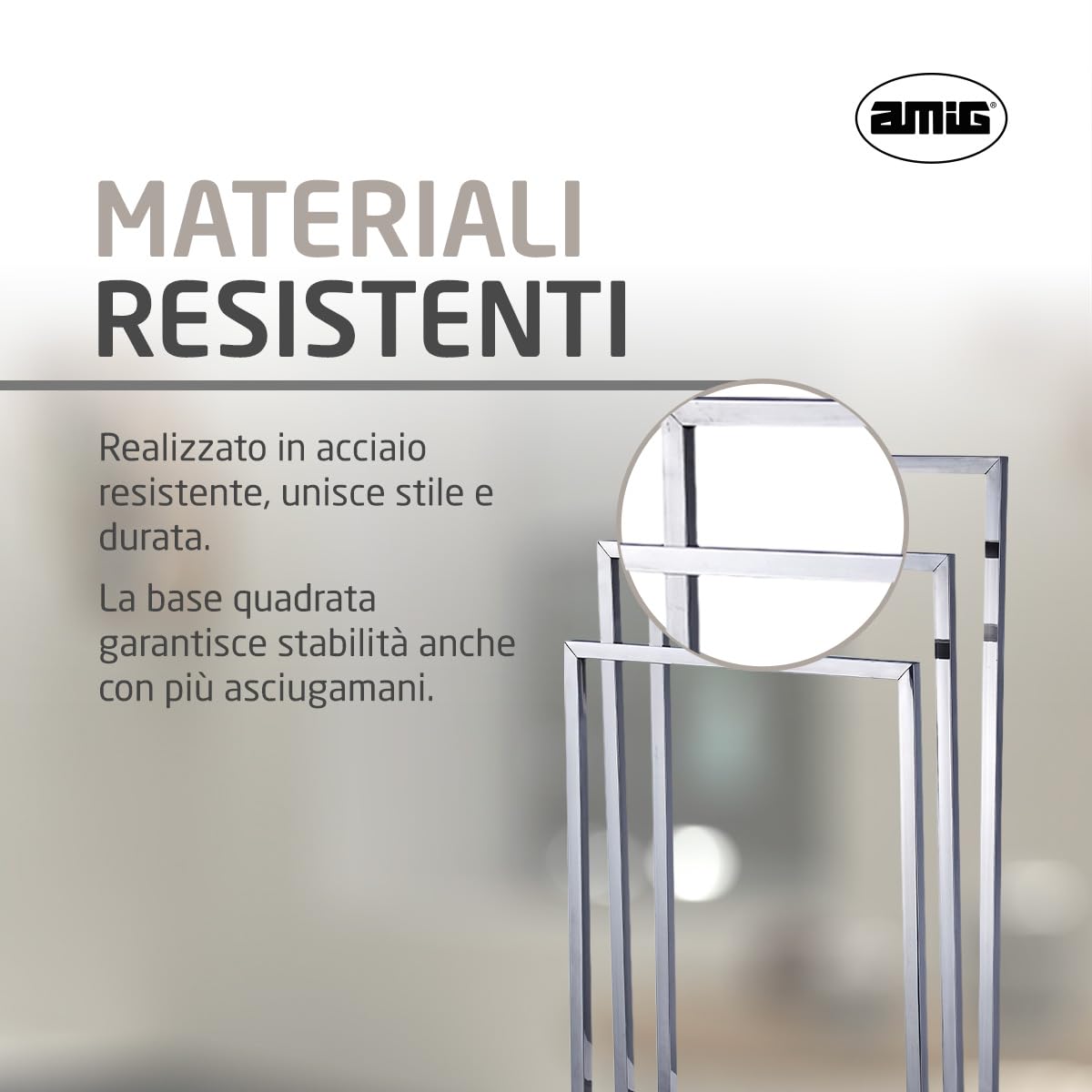 Amig - Porta asciugamani da terra cromato con 3 barre metalliche - Supporto da pavimento per asciugamani da bagno - Stile moderno con finitura lucida e base stabile - Senza fori