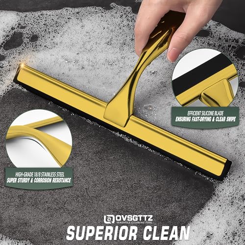 Image of Stainless Steel Shower Squeegee for Glass Door with 3 Adhesive Hook, Glass Cleaning Squeegee for Bathroom & Household Window, Mirrors, Tiles and Car, Clear 10 Inches Golden