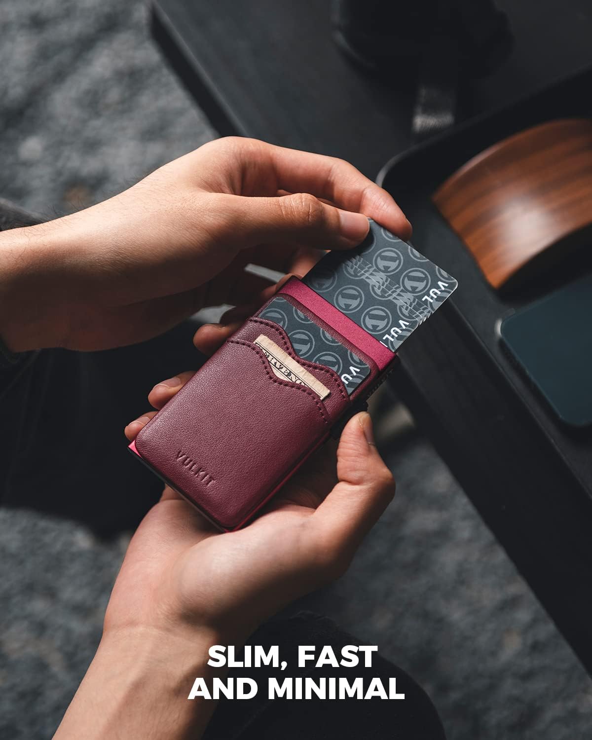 VULKIT Credit Card Holder Minimalist Slim Pop Up Wallet with Leather Slots RFID Blocking for Men and Women Holds 7 Cards and Notes Wine - Image 2