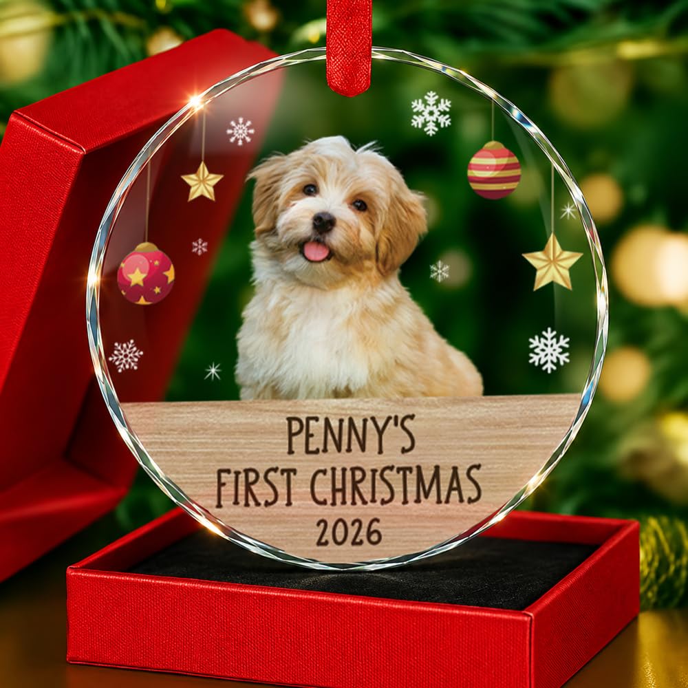 Personalized Pet's Photo First Christmas Crystal 2D Ornament - 2026 Custom Dog 1st, Puppy Annual Xmas Gifts, Cat Dog Lovers Keepsake Tree, Fur Baby and Bone Family Friends, Fur Mom Dad, New Pet Owner