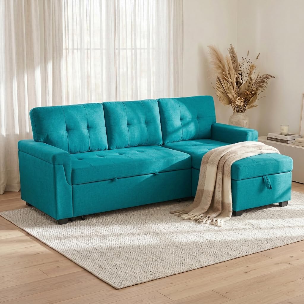 Naomi Home Laura 3-in-1 Sleeper Sectional Sofa, Teal Velvet | Pull-Out Bed, Hidden Storage Space, Reversible Chaise, Space-Saving Comfort, Guest-Ready Comfort, Perfect For Apartments