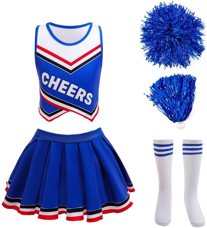 Dressy Daisy Girls Cheerleader Cheerleading Halloween Cheer Costume Dress Up Outfit Uniform with Poms Poms and Sock