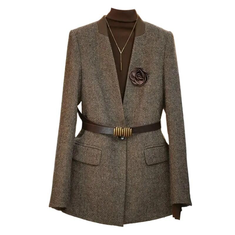 Autumn And Winter Suit Jacket Ladies V-Neck Long Sleeve Suit Jacket Top Coffee S