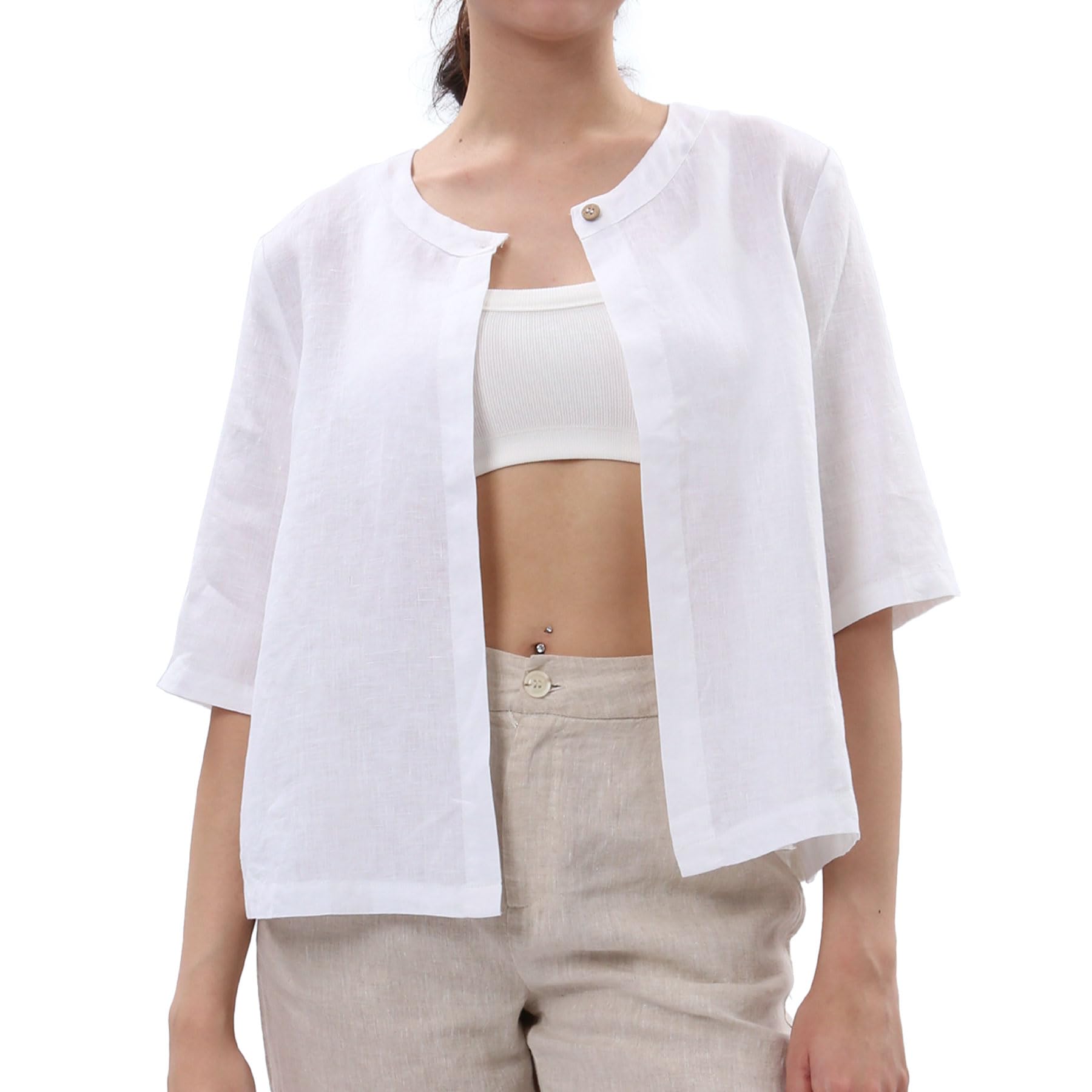 Amazhiyu Women Pure Linen Open Front Cropped Cardigan