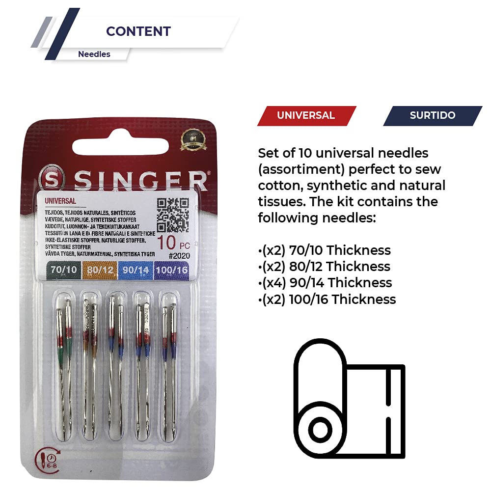 Singer Lot de 20 Aiguilles pour Machine à Coudre Universelle Grosseur 70-80-90-100 pour le coton et les tissus synthétiques 130/705 H Talon plat d'un côté et pack de 10 Canettes Machine à Coudre