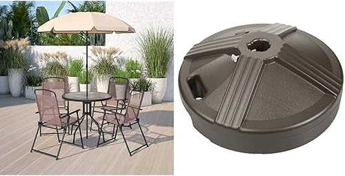 Flash Furniture Nantucket - Juego de jardín de 6 piezas marrón con mesa de paraguas y juego de 4 sillas plegables y base de paraguas rellenable de