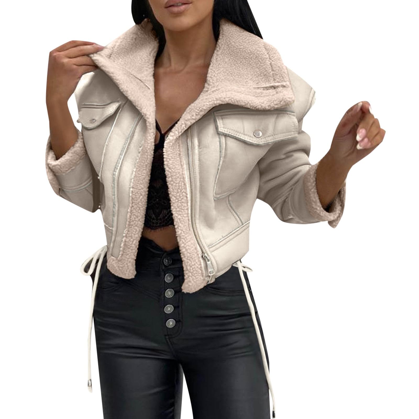 Generisch Giacca corta da donna con bordo in pelliccia, design patchwork, taglio casual per tutti i giorni, tempo libero, cappotto a maniche lunghe in stile streetwear alla moda, versatile e