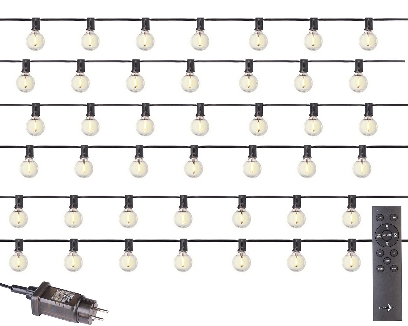 Lunartec Lichterkette außen: Lichterkette mit G40-Glühbirnen, 43 LEDs & 2 Ersatzlampen, 30 m, IP44 (G40-Globelichterkette, Garten, LED)
