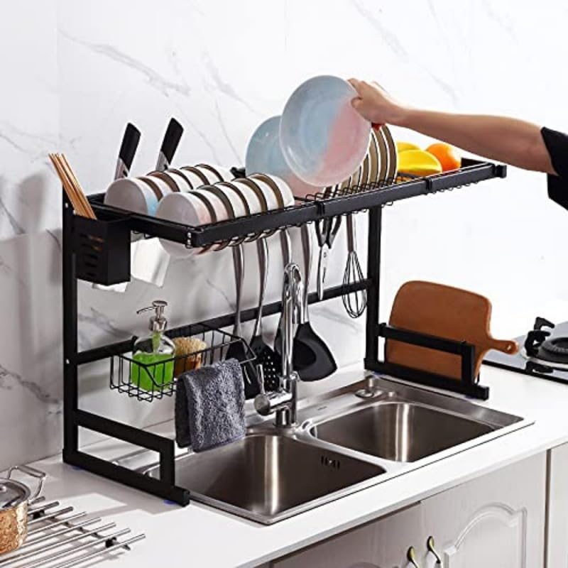 Image of Homero Adjustable Over Sink Dish Drying Rack | Multipurpose Kitchen Sink Organizer with Plate Holder, Cup Stand, Knife Holder & Hooks | Heavy-Duty Rustproof Dish Drainer for Kitchen Counter Storage
