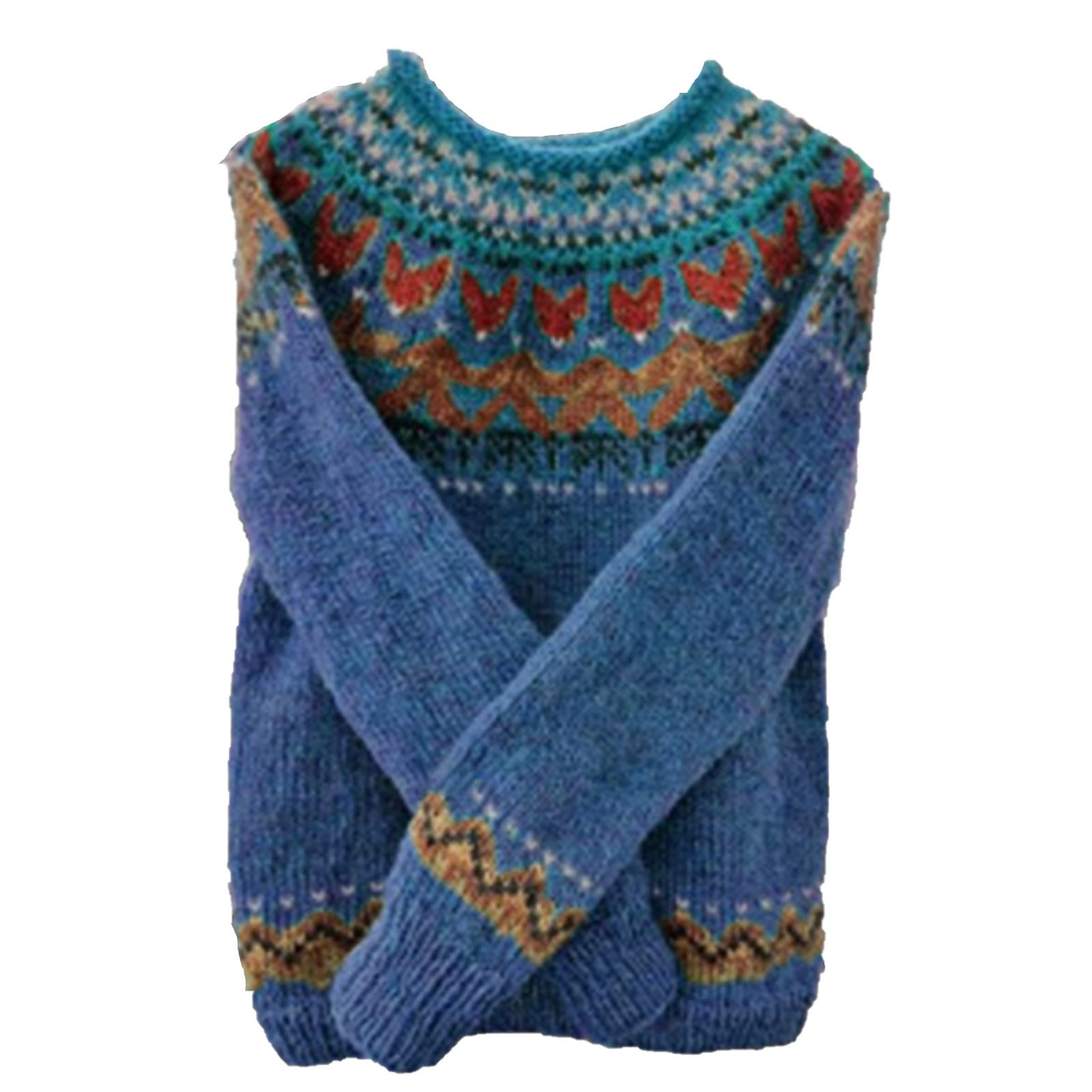 Womens Sweaters Fair Isle Print Vintage Sweater Fall Winter Casual Loose Long Sleeve Knitted Sweaters Tops