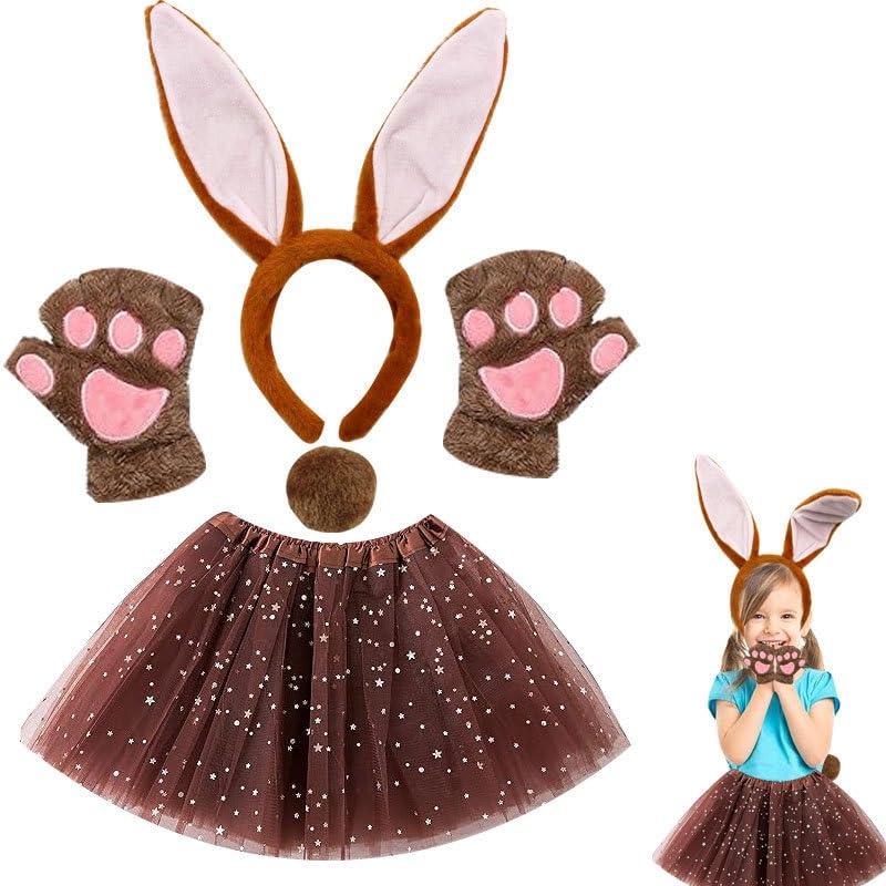 ZesGlyxyr Costume de Lapin pour Fille, Costume Lapin Ensembles, Carnaval Animal Déguisement avec Serre Tête, Tutu, Queue, Gants, pour Fête d'anniversaire, Carnaval, Cosplay-Brun