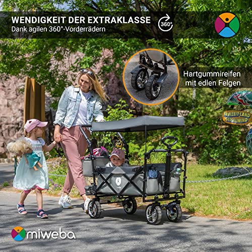 Miweba Faltbarer Bollerwagen MB-20 | Sonnendach UV-beständig - 2X Anschnallgurte - Bremse - Traglast 100 Kg - Transportwagen für Kinder - Handwagen klappbar - Trolley (Grün)