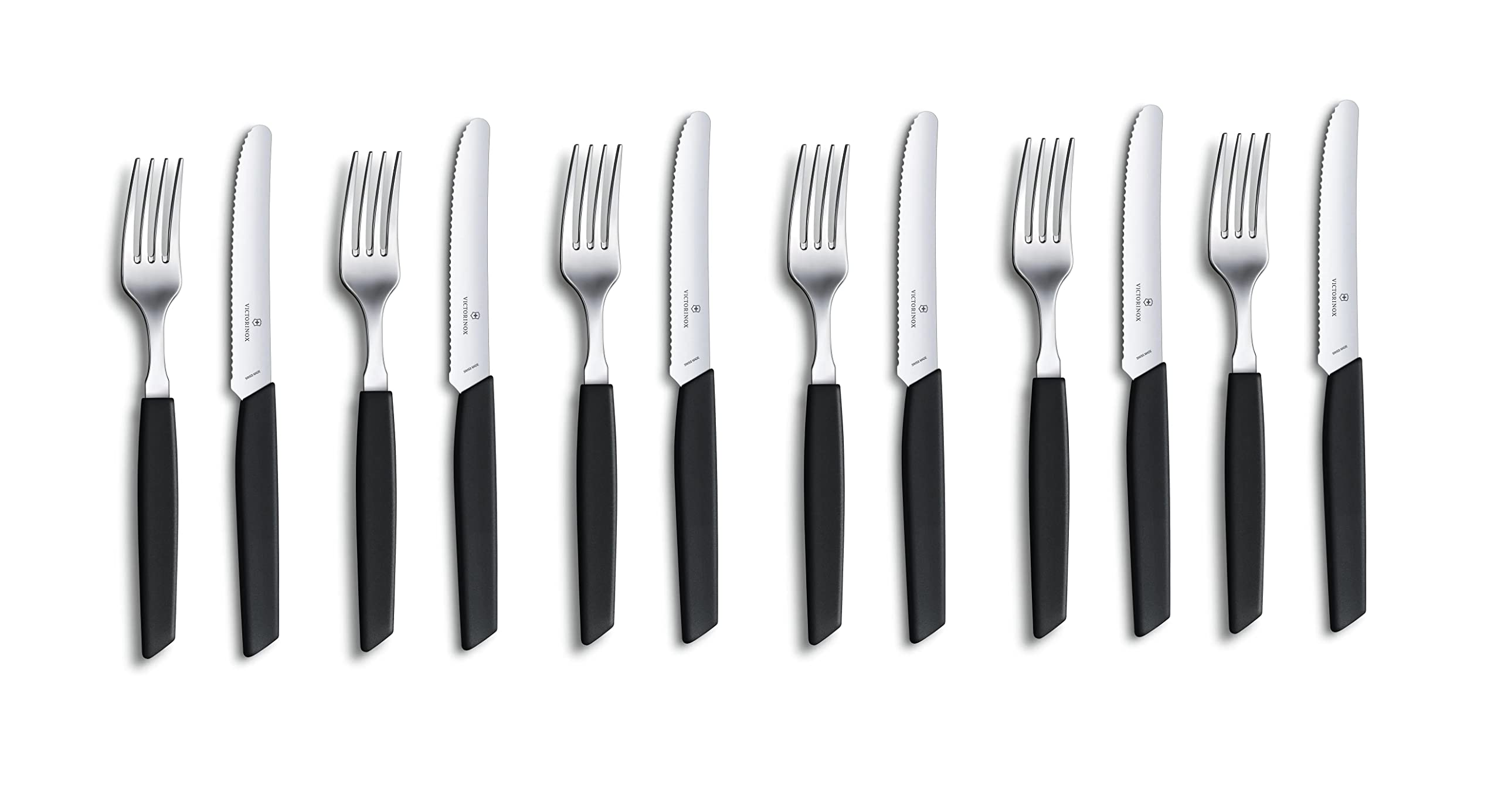 Victorinox12-tlg Tafelmesser Besteck - Set Swiss Modern Schwarz mit Wellenschliff - Ergonomischer Griff, Spülmaschinengeeignet
