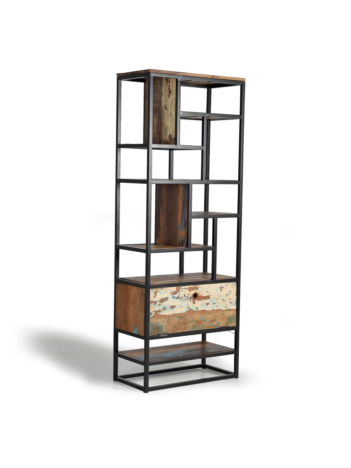 GC GINER & COLOMER Librería Industrial - Fabricada con Madera Reciclada y Metal - Estantería de Diseño Abierto y Puerta Abatible - Pieza Expositiva - Multicolor - 212 x 80 x 40 cm