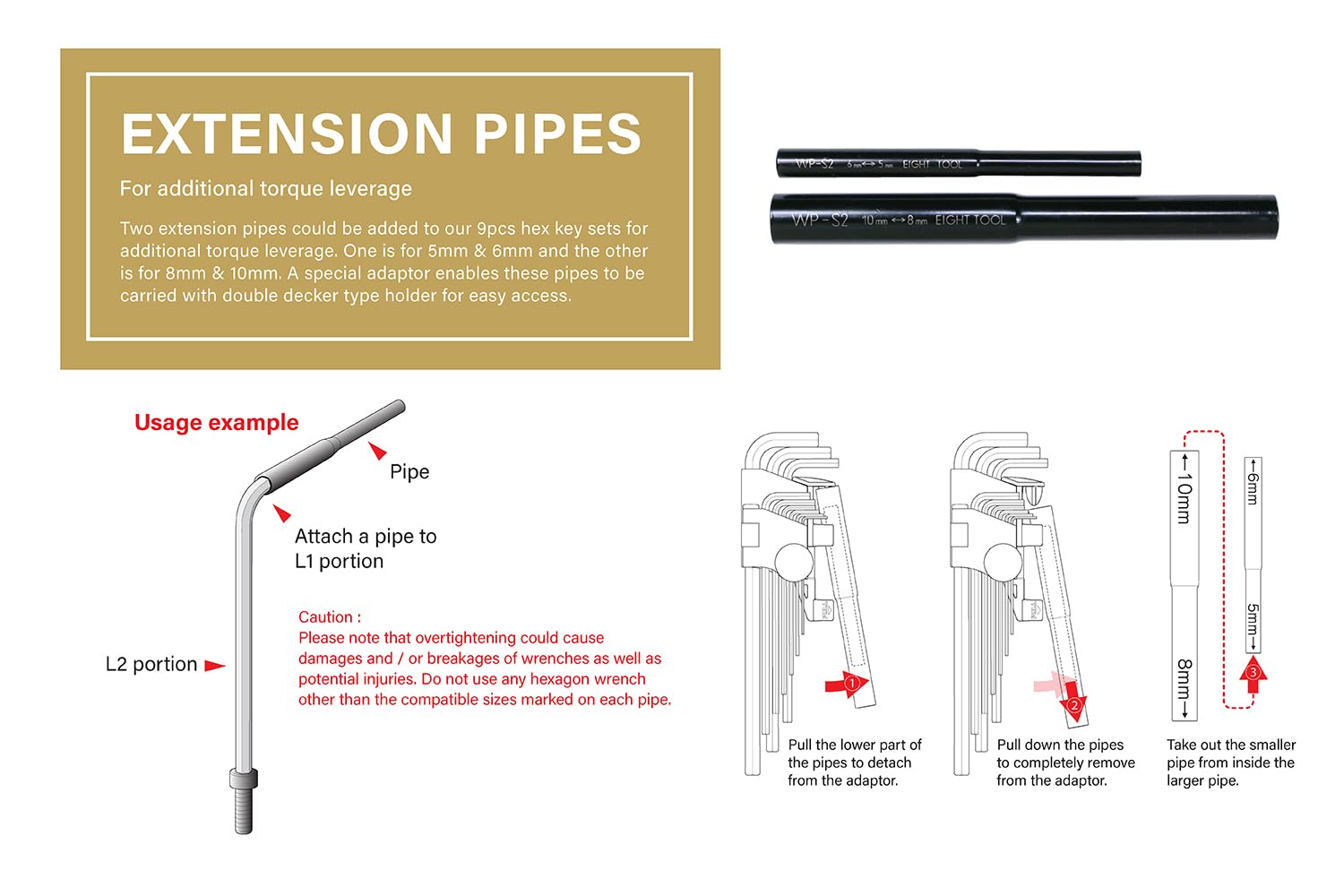 EIGHT Tool TEL-S9NPRE, Kegelkopf-Sechskantschlüssel-Set, extra lang, 9-teilig, 0,64 cm mit Verlängerungsrohren