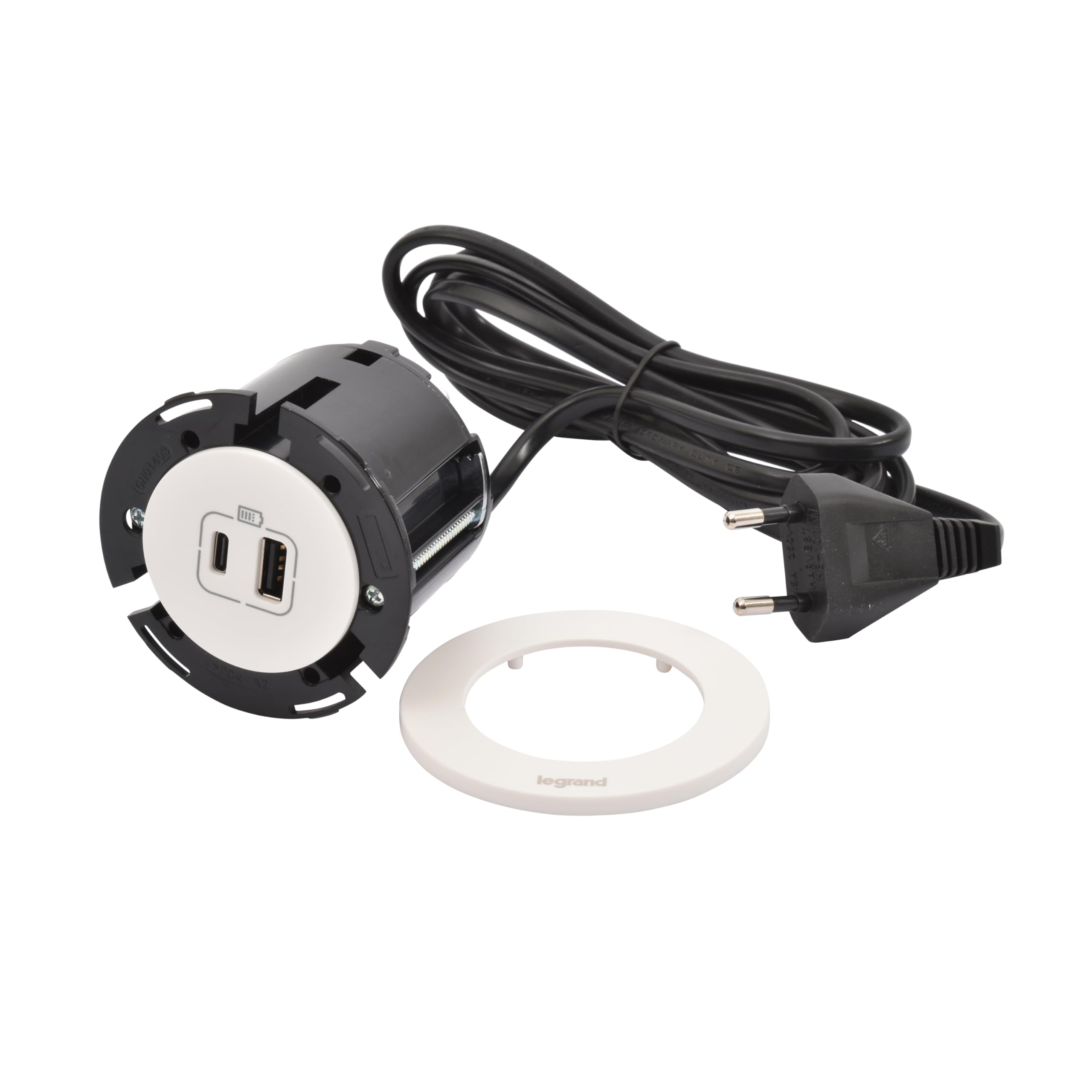 LEGRAND, Incara Disq 60, gniazdo ładowania USB A+C, gniazdko stołowe, gniazdo do zabudowy, ładowarka wielokrotna, 15 W, długość kabla 2 m, wtyczka 2P + E, kolor: ultrabiały, 654730