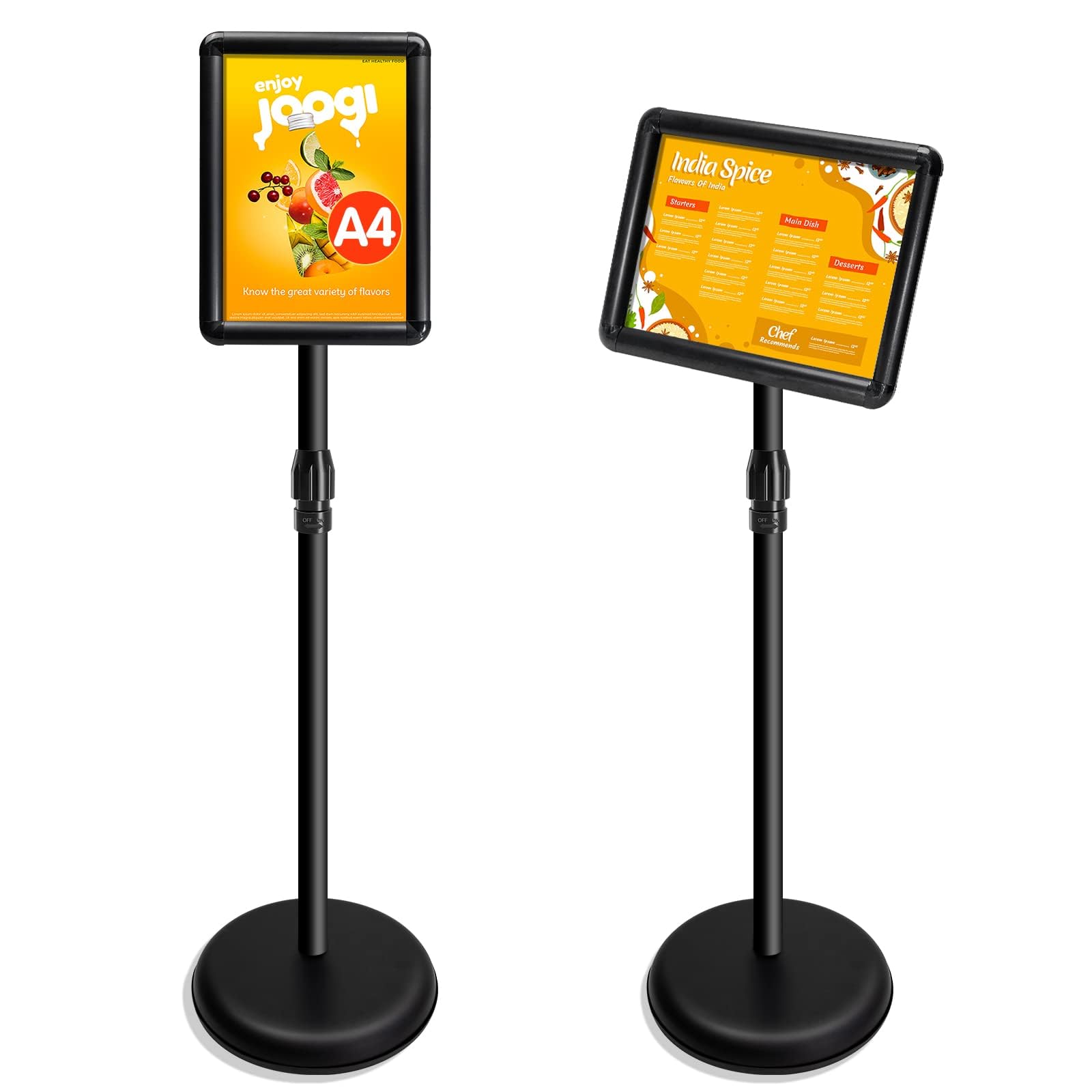Excefore A4 Sign Stand Adjustable Poster Stand Aluminum Snap Frame Menu Stand Replaceable Advertising Rack Floor Display Stands with Safety Corner and Stable Round Base (Black, A4)