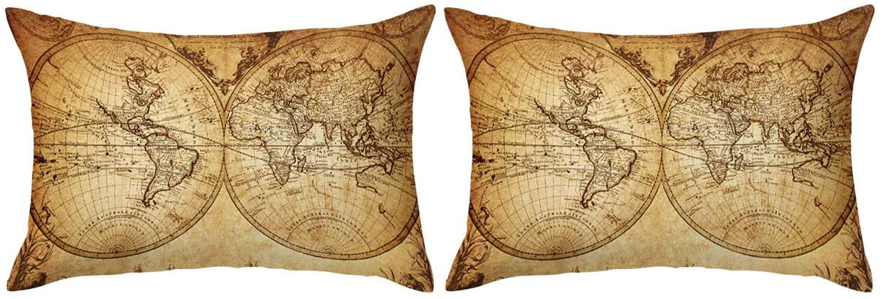 ARIGHTEX Vintage World Map Pillow Cover Antique Medieval World Map Pillowcase Teens Kids Travellers Pillow Shams Set of 2 (Retro, Standard 20