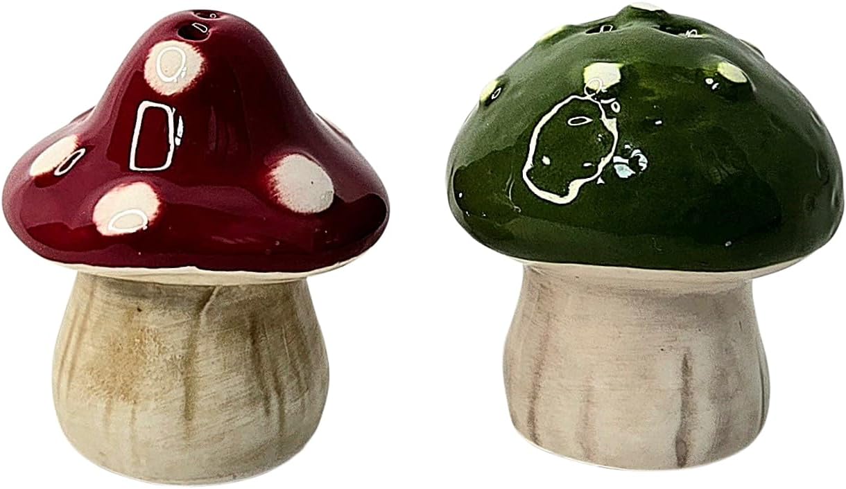 Red & Green Mushroom Mini Ceramic Salt & Pepper Shaker Set, 2 x 1.5 x 1.5 Inches