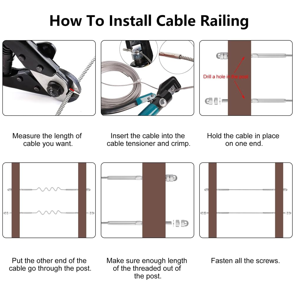 Tensor de barandilla de cable de acero inoxidable, conector de cable de 1/8 pulgadas para postes de metal de 2 x 2, tensor ajustable para terrazas y balcones al aire libre