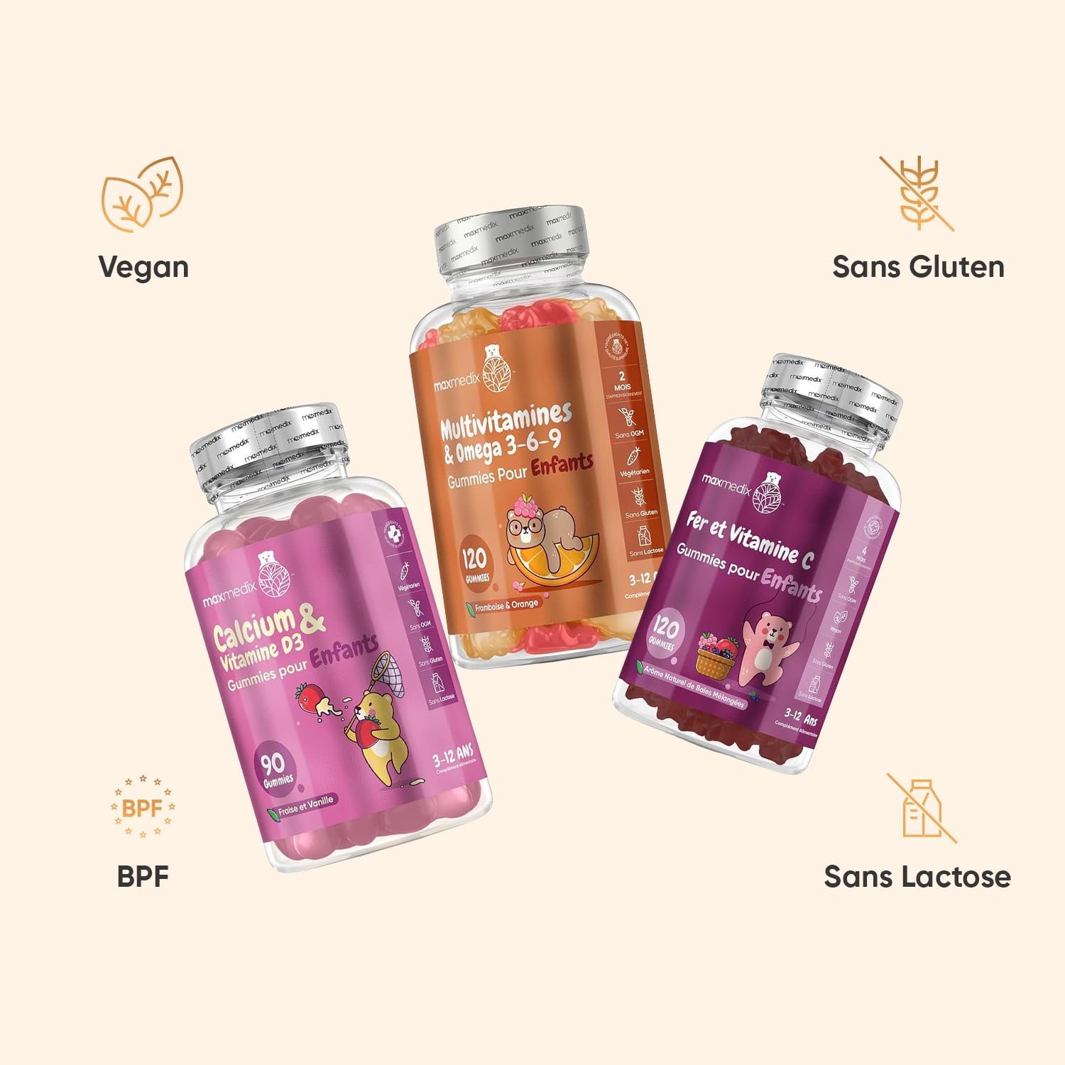 Vitamine Enfant Gummies dès 3 Ans - Multivitamines avec Oméga 3 6 9, Fer avec Vitamine C & Calcium et Vitamine D Enfant Gummies