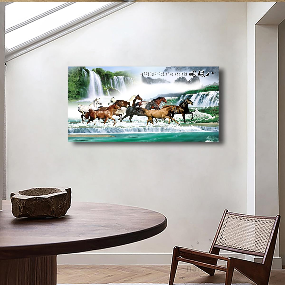 CHERHERART Osiem koni obraz ścienny na płótnie chiński krajobraz i malarstwo zwierząt wydruki do domu biura gabinet salon dekoracja wewnętrzna rama 55 x 110 cm