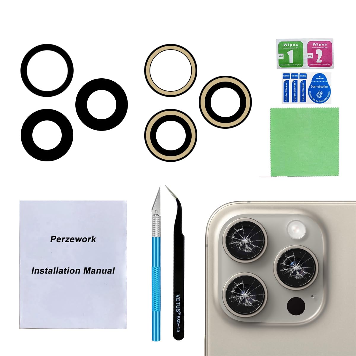 OEM Back Rear Camera Lens Glass Replacement for iPhone 15 Pro Max 6.7 inches with pre-Installed Adhesive and Reparing Toolkit