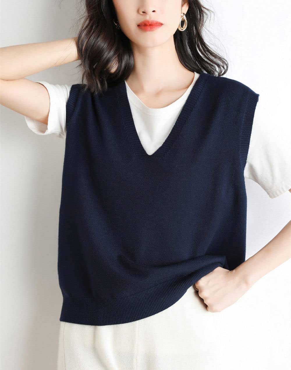 Donna Gilet Lavorato A Maglia,Gilet Lavorati A Maglia Da Donna Blu Navy Tinta Unita Scollo A V Allentati Gilet Lavorati A Maglia Maglioni Senza Maniche Casual Autunno Inverno Senza Maniche Maglione
