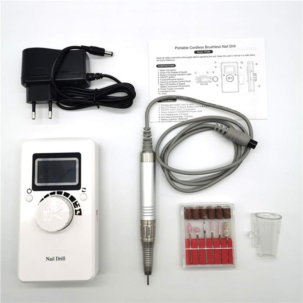 Kit per manicure elettrico Gel Acrilico Trapano per lime per unghie Macchina Pro Cordless Motore brushless Pedicure Attrezzatura Nail Art Strumenti di lucidatura per uso personale, 80 W 40000 Rpm