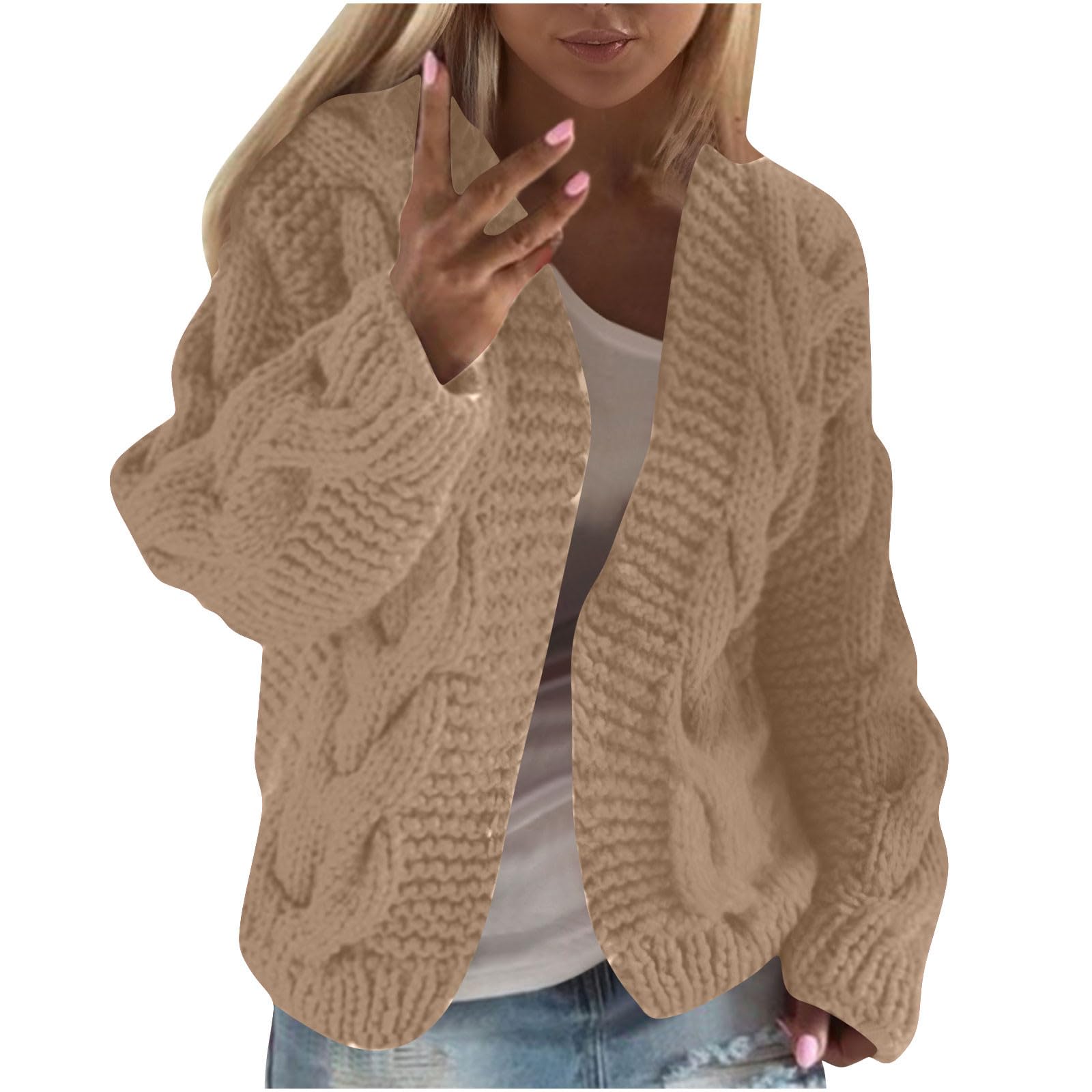 JOAU Women Cable Knit Hooded Cardigan Sweater Loose Casual Cropped Open Front Cardigans Coat for Fall and Winter