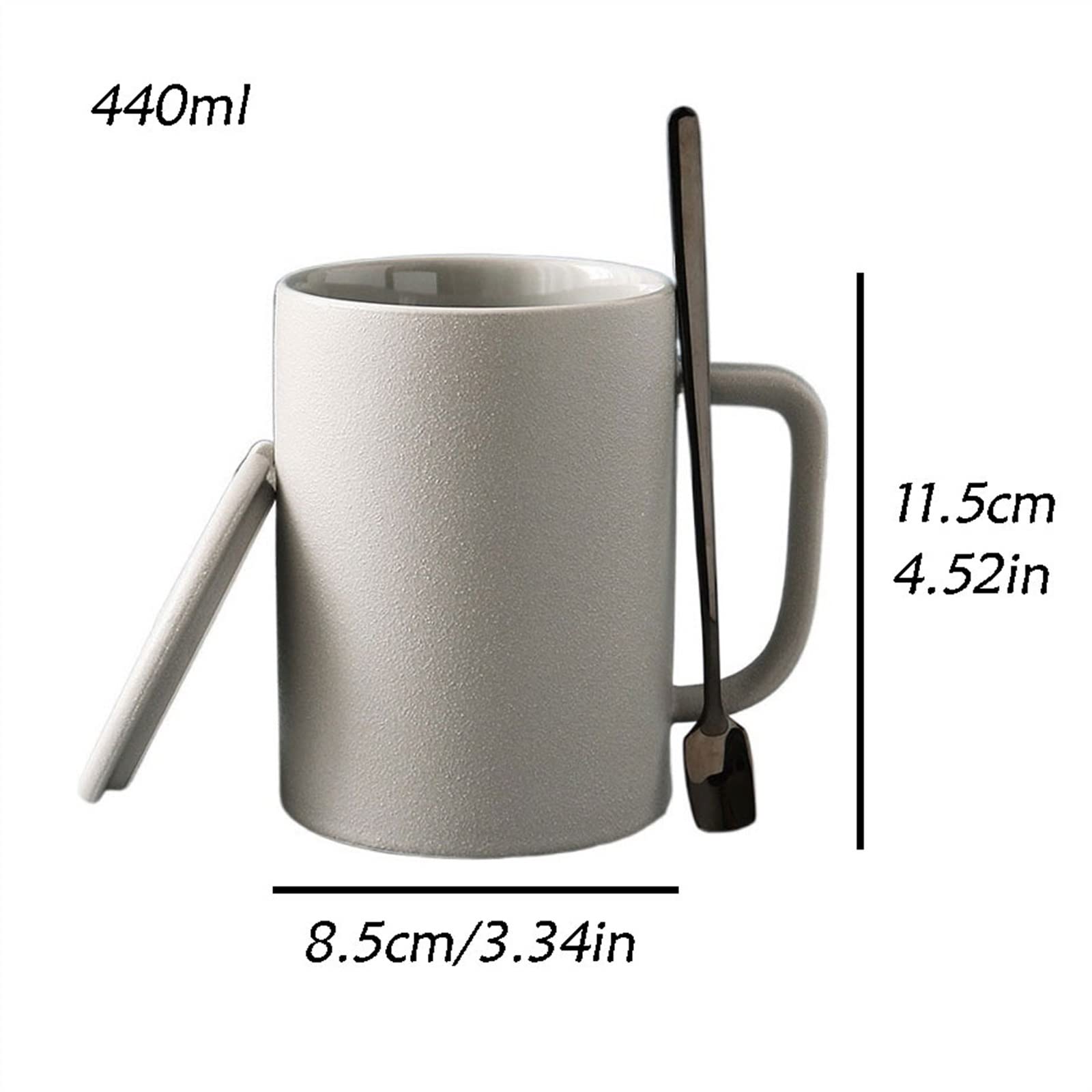 Keramik-Kaffeetasse, 350 ml/440 ml, europäische mattierte Keramiktasse mit Deckel, Löffel, grobe Keramik, Retro-Frühstück, Haferflocken-Tasse (D)