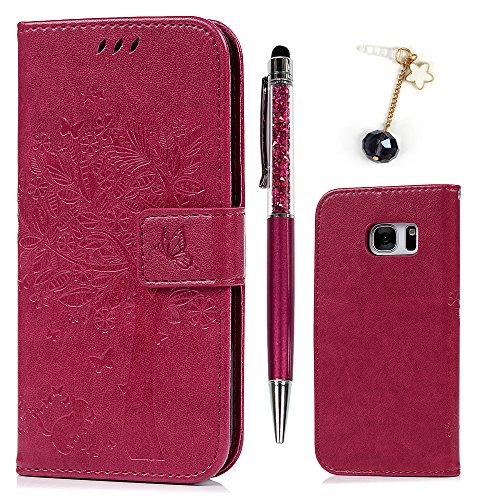 Funda para Samsung Galaxy S7, Funda Libro de Cuero Impresión de Suave PU Premium e Silicone TPU Carcasa, Correa de Mano, Soporte Plegable, Tarjetas y Billetera, Cierre Magnético Árbol Rosa Roja