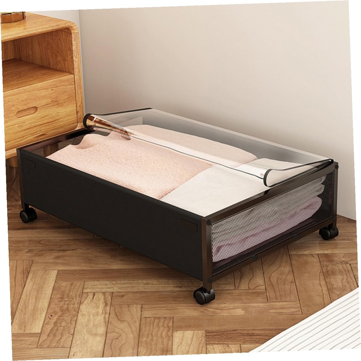 Uonlytech Under Bed Organizer Storage Case with Wheels Mesh Sundries Holder for Clothes Books Space-saving Dustproof Container Black Transparent Cover for Bedroom Storage
