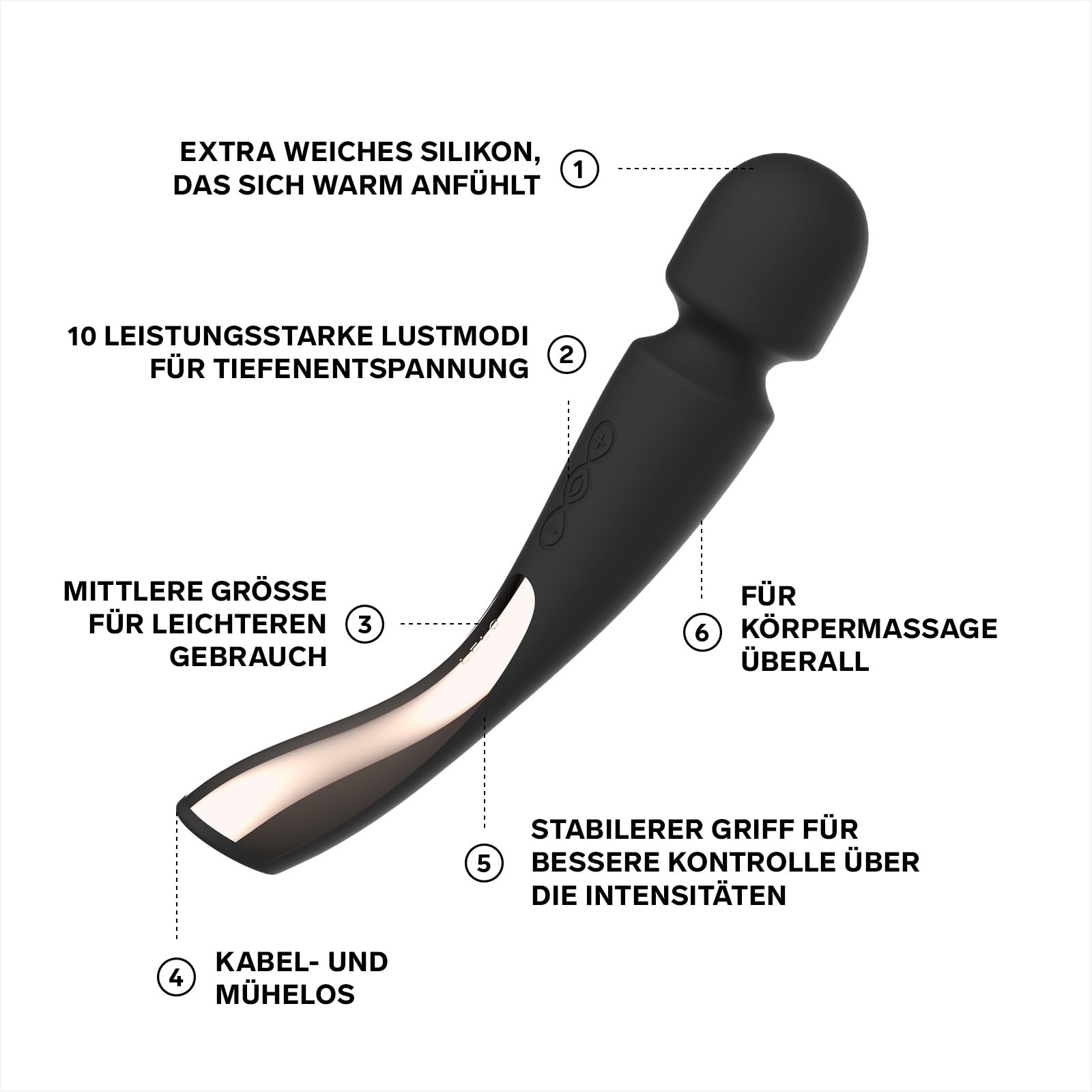 LELO SMART WAND 2 (Größe M) Wasserfester Massagestab (Massage für den ganzen Körper) Elektrischer Massager, Black