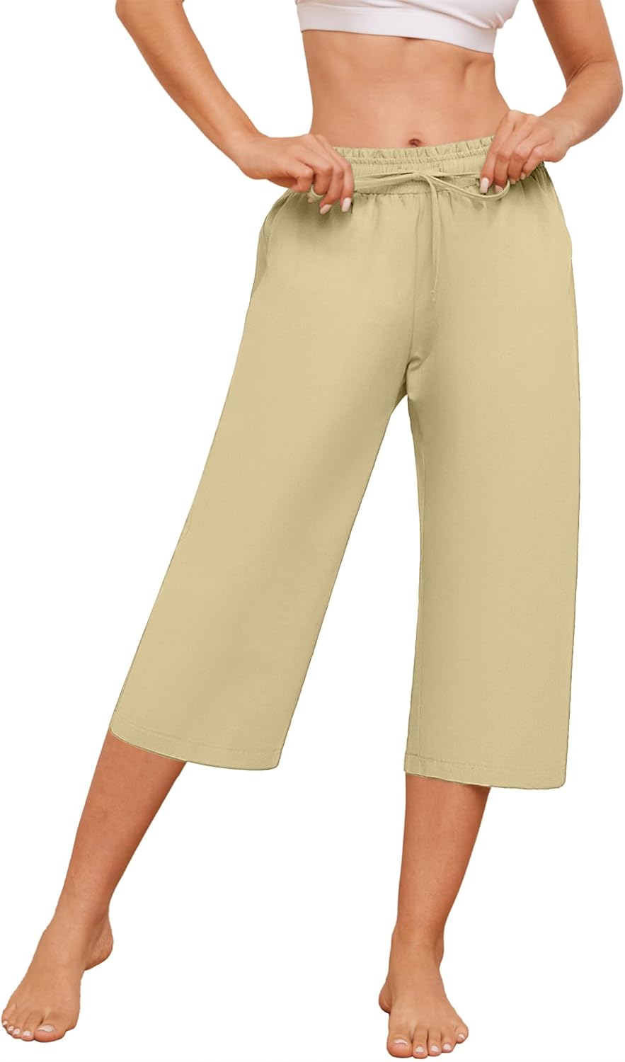 Larmliss Womens Capri Pants Casual Wide Leg Drawstring Elastic Waist Loose Lounge Cropped Pants with Pockets - Image 4